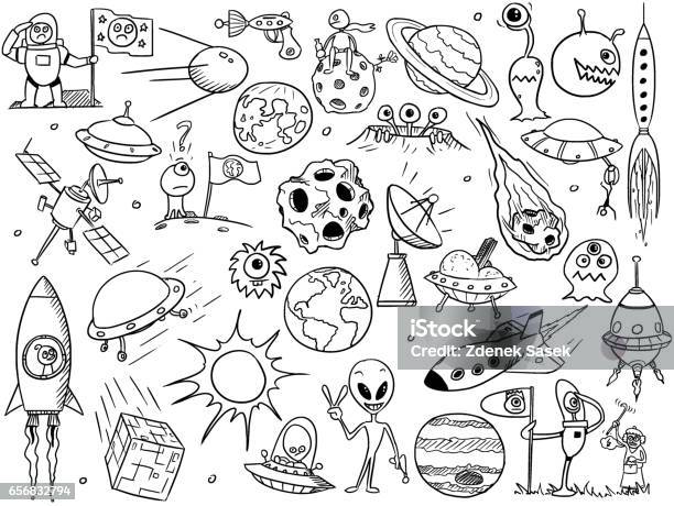 Cartoon Vector Set Of Alien Space Elements Stock Illustration - Download Image Now - Drawing - Art Product, Drawing - Activity, Outer Space