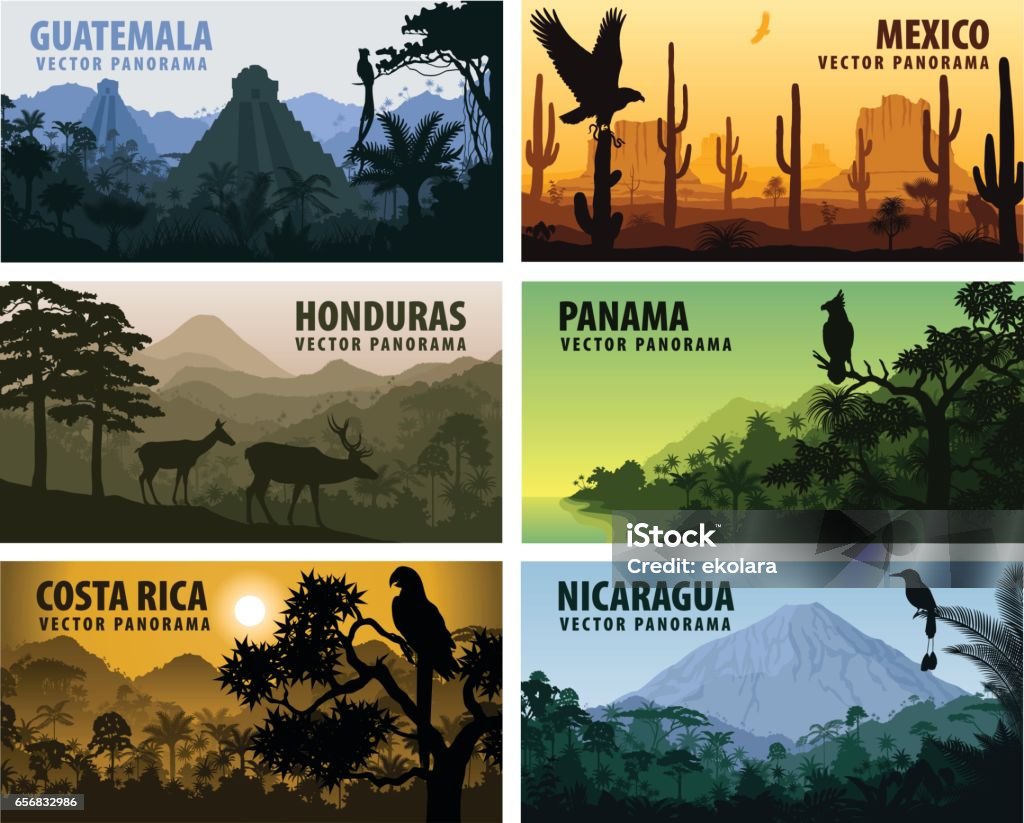 vector set of panorams countries Central America - Guatemala, Mexico, Honduras, Nicaragua, Panama, Costa Rica Landscape - Scenery stock vector