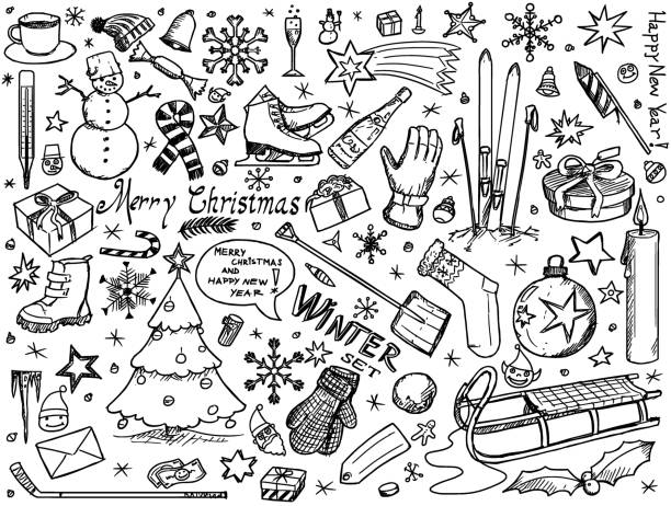 ilustrações, clipart, desenhos animados e ícones de conjunto de inverno de vetor ou desenhos de ícones de natal doodles - christmas season christmas tree nostalgia