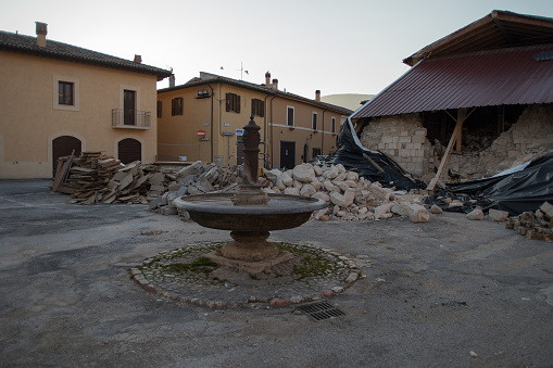 Norcia, Italy - March 15, 2017: Houses destroyed in Norcia after the violent earthquake of October 30, 2016 magnitude 6.5 with its epicenter just 4 km to the north of the country