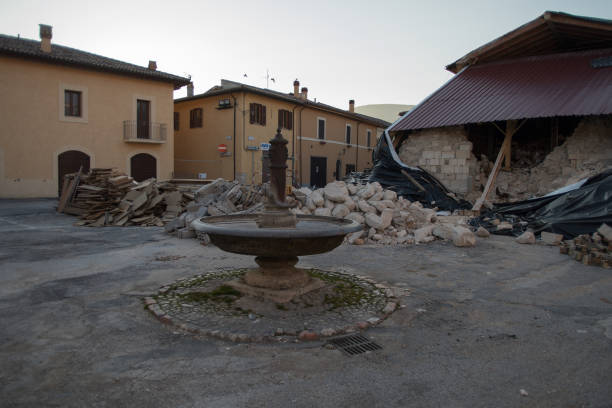Houses of Norcia partially collapsed Norcia, Italy - March 15, 2017: Houses destroyed in Norcia after the violent earthquake of October 30, 2016 magnitude 6.5 with its epicenter just 4 km to the north of the country 2016 stock pictures, royalty-free photos & images