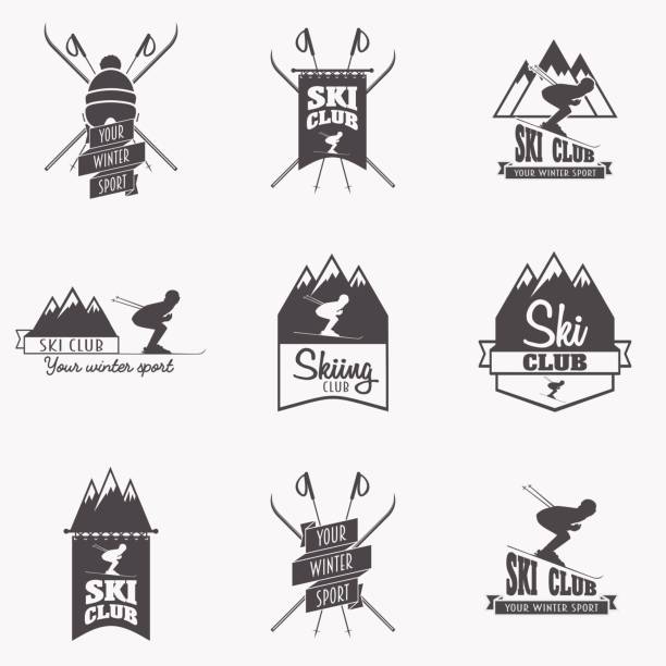 ilustrações, clipart, desenhos animados e ícones de conjunto de clube de esqui, rótulos de patrulha. - group of objects set symbol computer icon