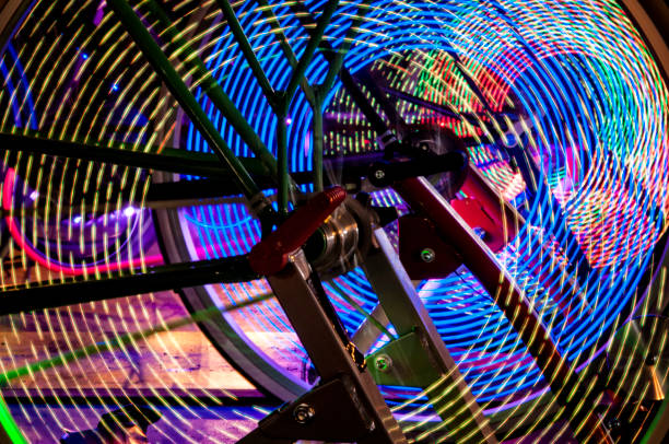 Abstract play of light with lights in bicycle wheel spokes.