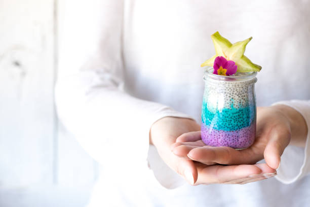 glass of colourful chia seeds pudding