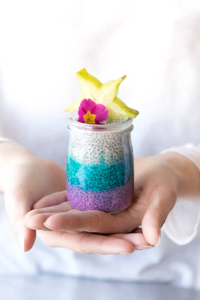 glass of colourful chia seeds pudding