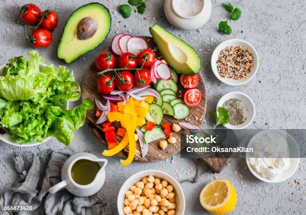 Ingredients For Spring Vegetable Buddha Bowl Delicious Healthy Food On A Gray Background Top View Stock Photo - Download Image Now