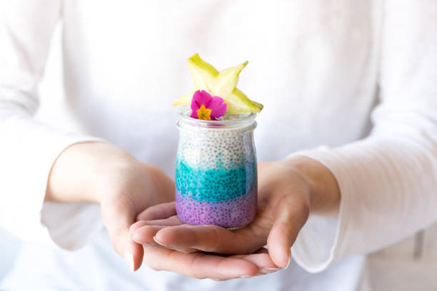 glass of colourful chia seeds pudding