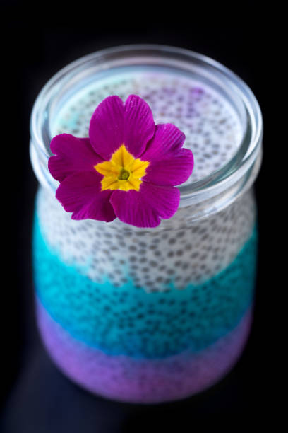 glass of colourful chia seeds pudding