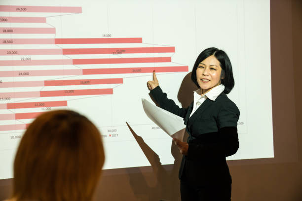 Businesswoman standing in a front of a projector doing a presentation stock photo