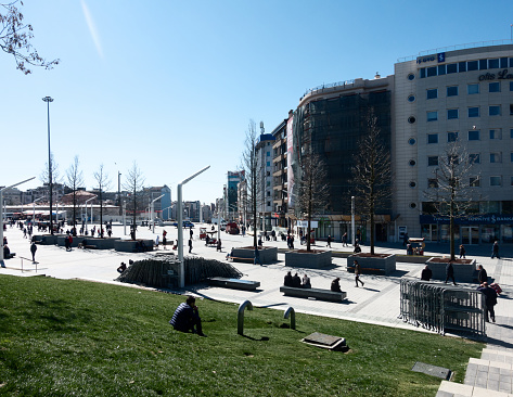 Istanbul,Turkey-March 22,2017:Taksim square in Istanbul City.The environmental regulation carried out by Istanbul Metropolitan Municipality has been going on since May 2016. The area of 100 thousand square meters is renewed. Paving stone is laid on the floor which is covered with long concrete. The side sections of the Gezi Park are joined by pedestrian access through the Talimhane entrance of Taksim Square.