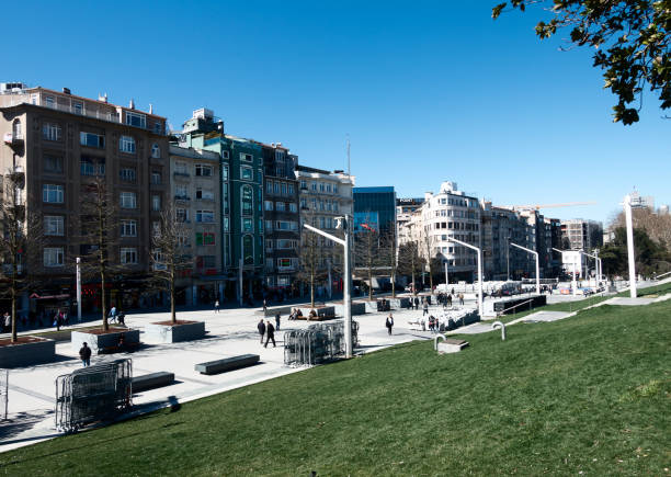 Istanbul,Turkey-March 22,2017:Taksim square in Istanbul City.The environmental regulation carried out by Istanbul Metropolitan Municipality has been going on since May 2016. The area of 100 thousand square meters is renewed. Paving stone is laid on the floor which is covered with long concrete. The side sections of the Gezi Park are joined by pedestrian access through the Talimhane entrance of Taksim Square.