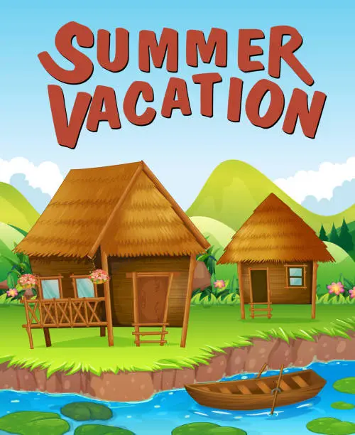 Vector illustration of Summer vacation theme with houses by the river
