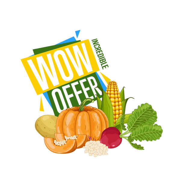 wow предлагают скидку плакат со свежим овощем - corn stubble illustrations stock illustrations