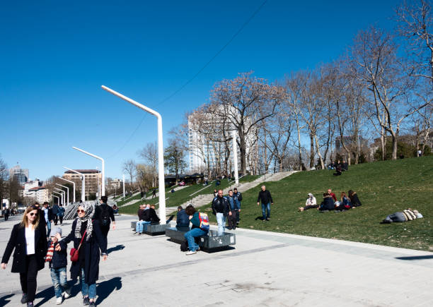 Istanbul,Turkey-March 22,2017:Taksim square in Istanbul City.The environmental regulation carried out by Istanbul Metropolitan Municipality has been going on since May 2016. The area of 100 thousand square meters is renewed. Paving stone is laid on the floor which is covered with long concrete. The side sections of the Gezi Park are joined by pedestrian access through the Talimhane entrance of Taksim Square.