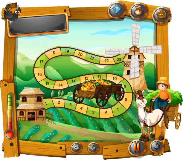 Vector illustration of Game template with farmer on wagon