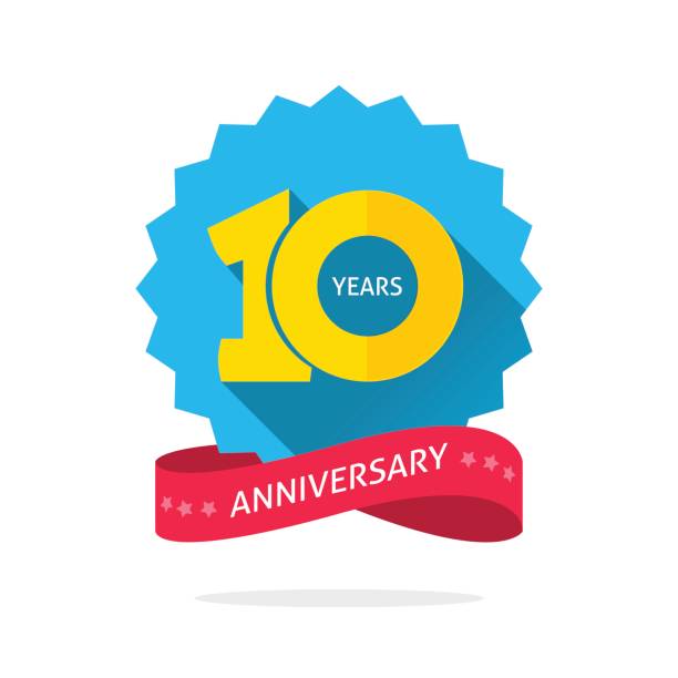 ilustraciones, imágenes clip art, dibujos animados e iconos de stock de plantilla de logotipo de aniversario de 10 años con sombra en roseta de color azul y número - invitacional