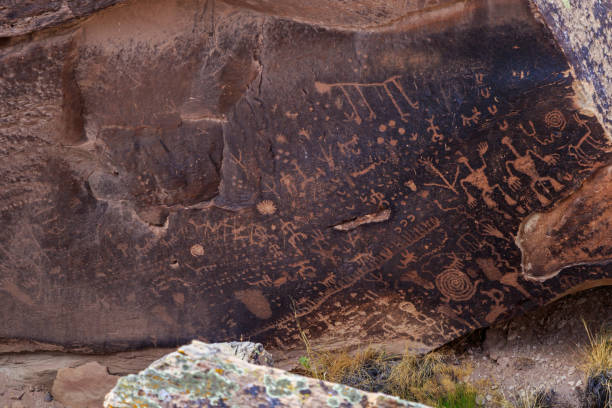 petroglifos en la roca del periódico, bosque petrificado, arizona - cave painting indigenous culture art arizona fotografías e imágenes de stock