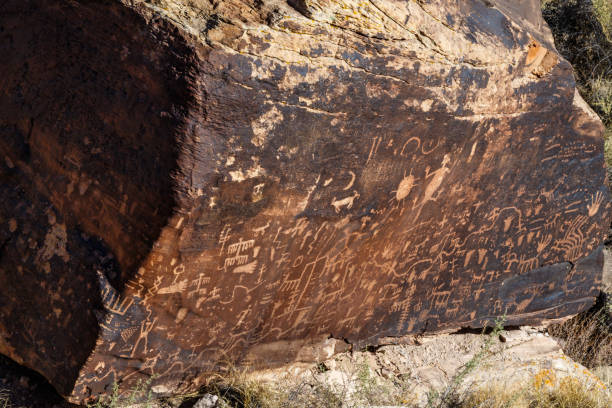 petroglifos en la roca del periódico, bosque petrificado, arizona - cave painting indigenous culture art arizona fotografías e imágenes de stock