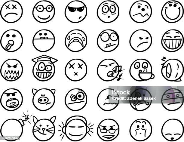 Smiley Vector Hand Drawings Icon Set02 In Black And White Stock Illustration - Download Image Now