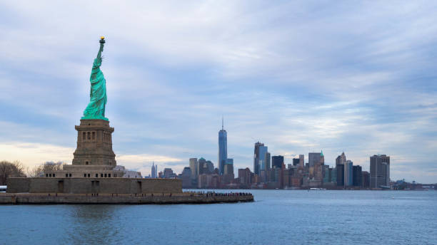 Statue of Liberty and Manhattan stock photo