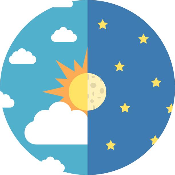 Day and night concept Sky divided in halves with sun, moon, white clouds and yellow stars. Day and night, nature and time concept. Flat design. Vector illustration. EPS 8, no transparency first day of spring stock illustrations