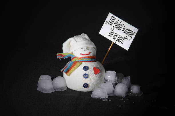 istock Global warming concept photograph. Snowman, ice cubes and protest sign. 656922644