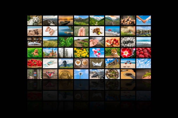 pantallas formando una gran pared broadcast video multimedia - televisión fotos fotografías e imágenes de stock