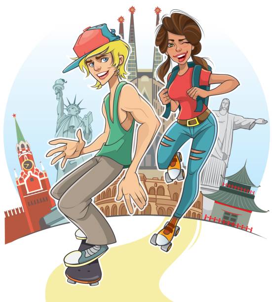 ilustrações de stock, clip art, desenhos animados e ícones de student's trip - tourists couple barcelona