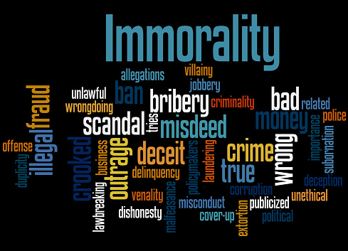 Immorality, word cloud concept on black background.