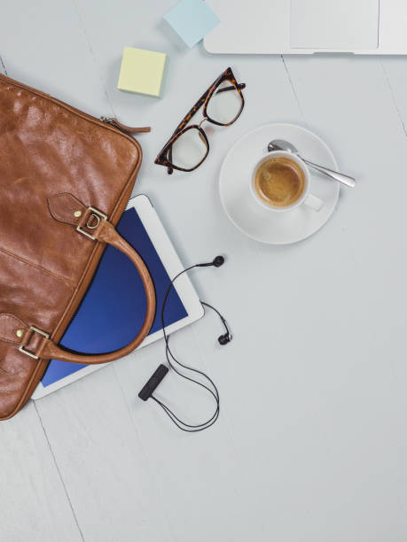istock Overhead Business Angles still life of office desk 656929884