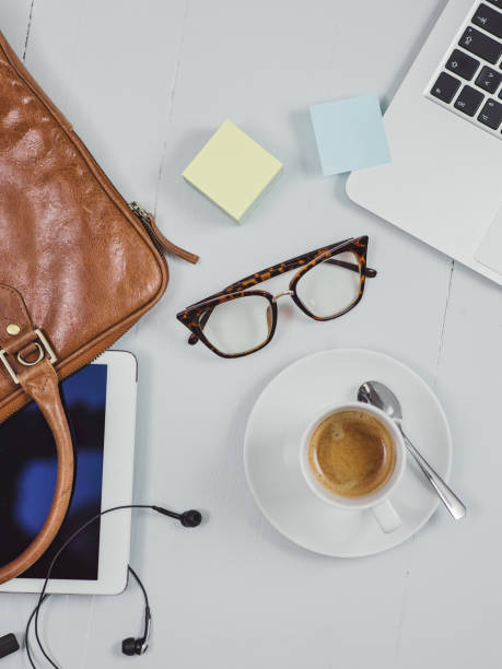 istock Overhead Business Angles still life of office desk 656930336