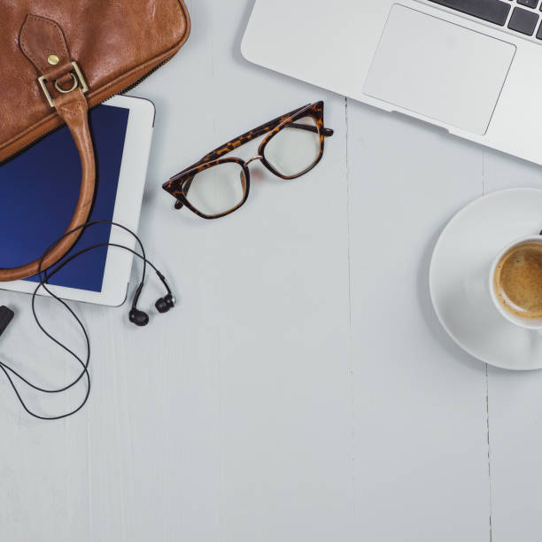istock Overhead Business Angles still life of office desk 656930446