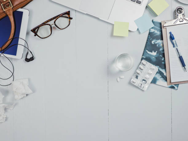 istock Overhead Business Angles still life of office desk 656932502