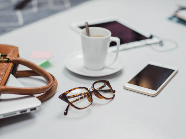istock Overhead Business Angles still life of office desk 656932968