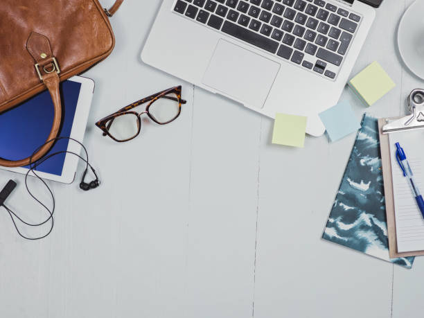 Overhead Business Angles still life of office desk with supply