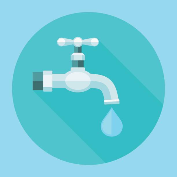 ilustrações, clipart, desenhos animados e ícones de ícone plana de água da torneira com sombra longa - valve water pipe leaking faucet