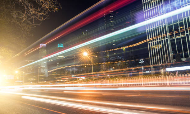 istock Light trails on city street 656940088