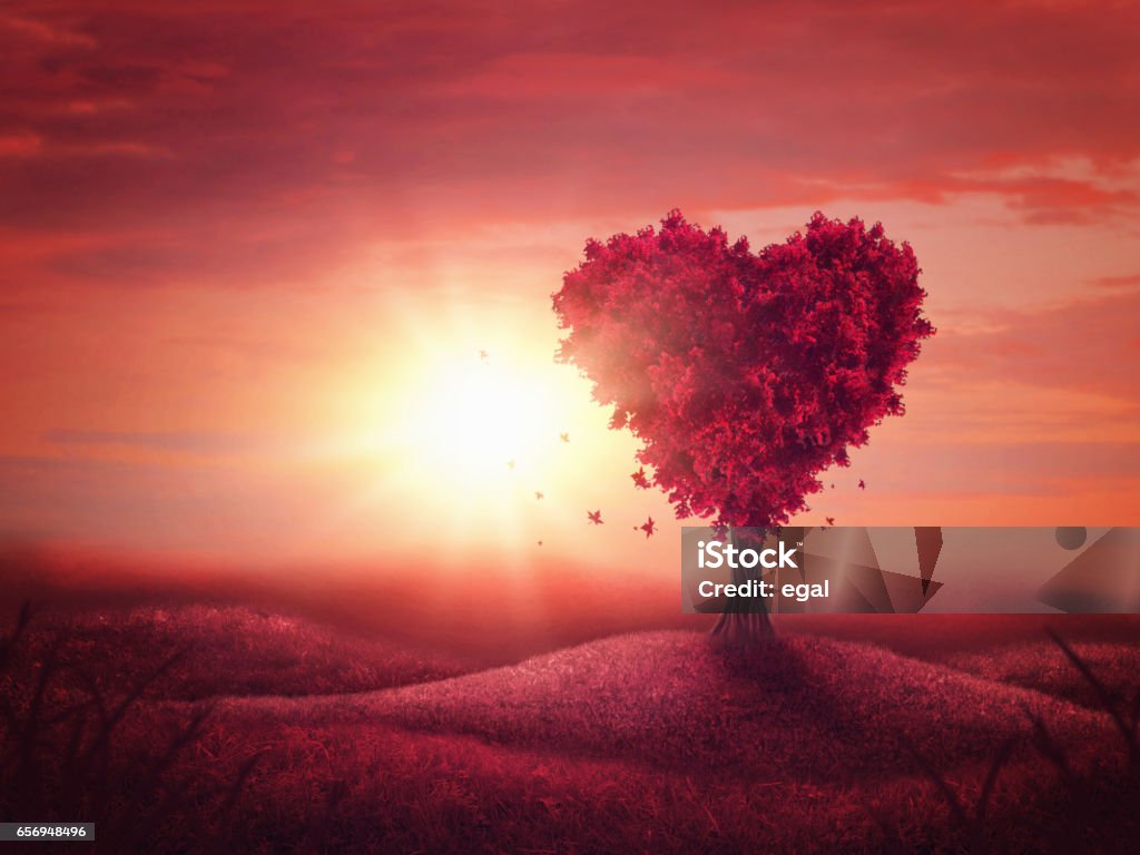 Heart love tree Red landscape with heart love tree Love - Emotion Stock Photo