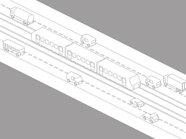 система легкорельсового транспорта и различные транспортные средства, трамвай, вид с глазу на глаз, векторная иллюстрация - urban scene railroad track train futuristic stock illustrations