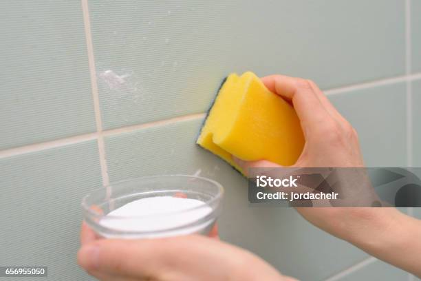 Clean Faience With Baking Soda And Sponge Stock Photo - Download Image Now - Cleaning, Salt - Seasoning, Cleaner