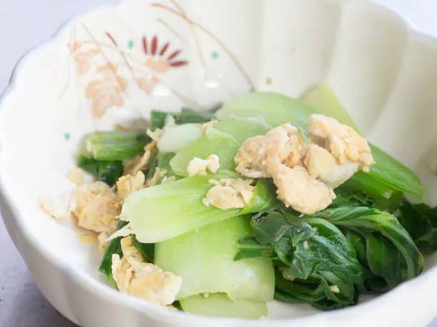 Japanese cuisine, boiled bok-choy and egg in the bowl