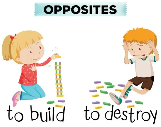 Vector illustration of Opposite words for build and destroy