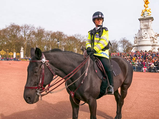 policière de londres à cheval au palais de buckingham - palace buckingham palace london england famous place photos et images de collection