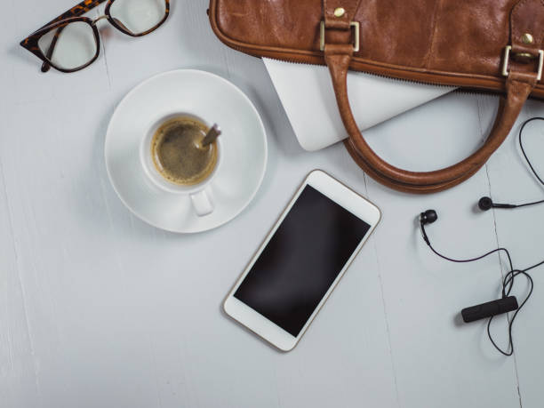 istock Overhead Business Angles still life of office desk 656983820