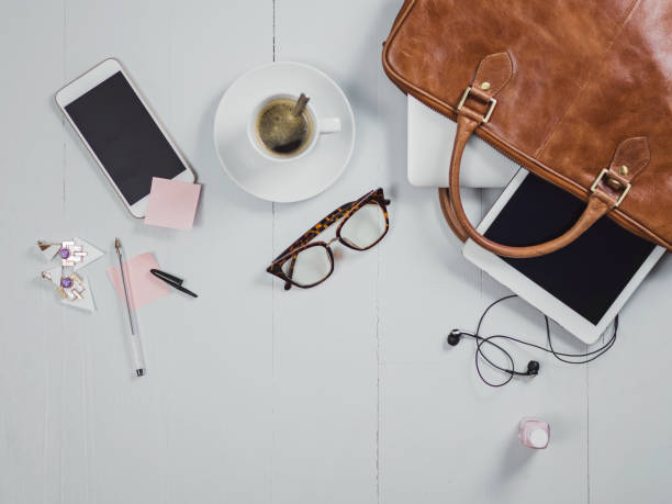 istock Overhead Business Angles still life of office desk 656986480
