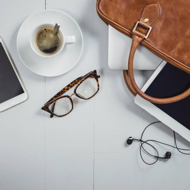 istock Overhead Business Angles still life of office desk 656986486