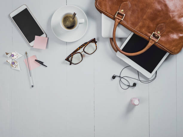 istock Overhead Business Angles still life of office desk 656986490