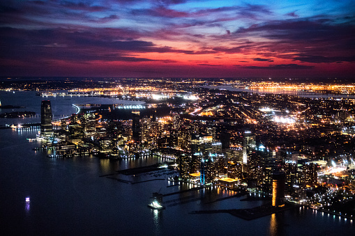 Aerial view of New Jersey, USA and New York city in the distance.