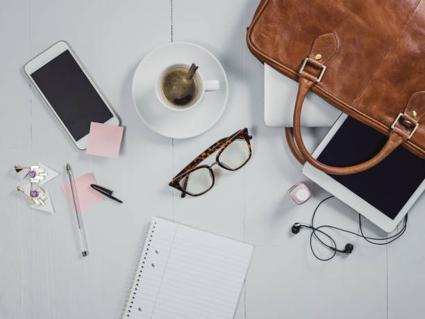 istock Overhead Business Angles still life of office desk 656987182