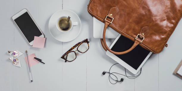 istock Overhead Business Angles still life of office desk 656987192